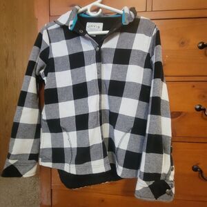 Orvis Womens Medium Fleece Lined Buffalo Plaid Shacket Shirt Jacket Black White